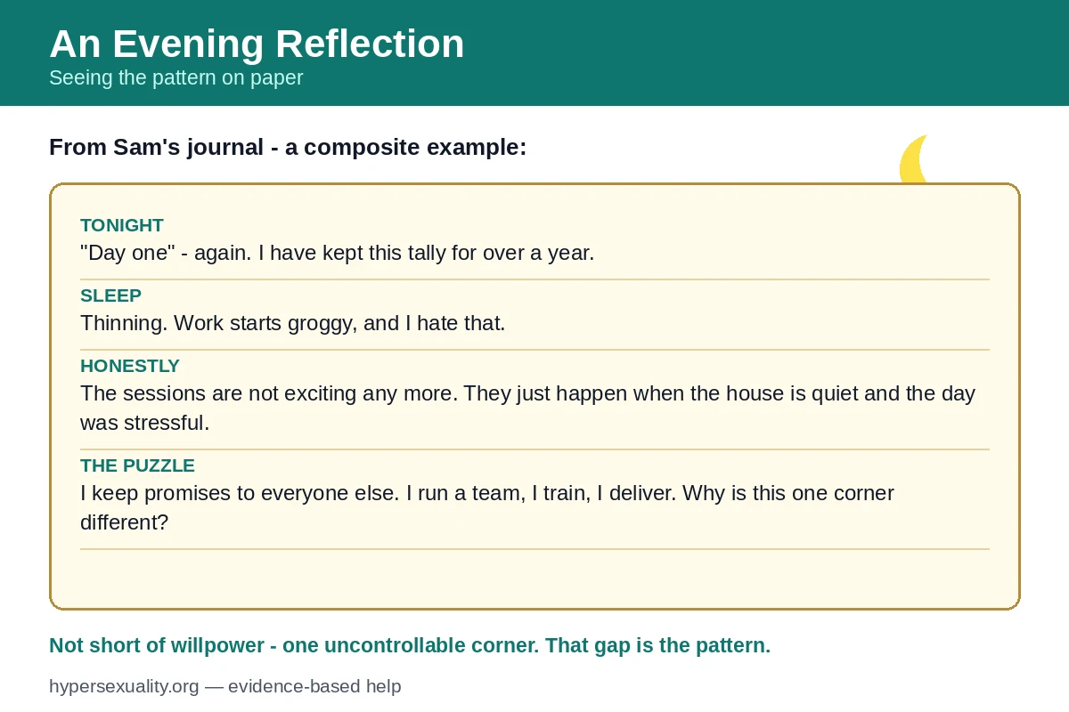 Person writing in a journal at night while reflecting on a compulsive sexual behavior disorder pattern