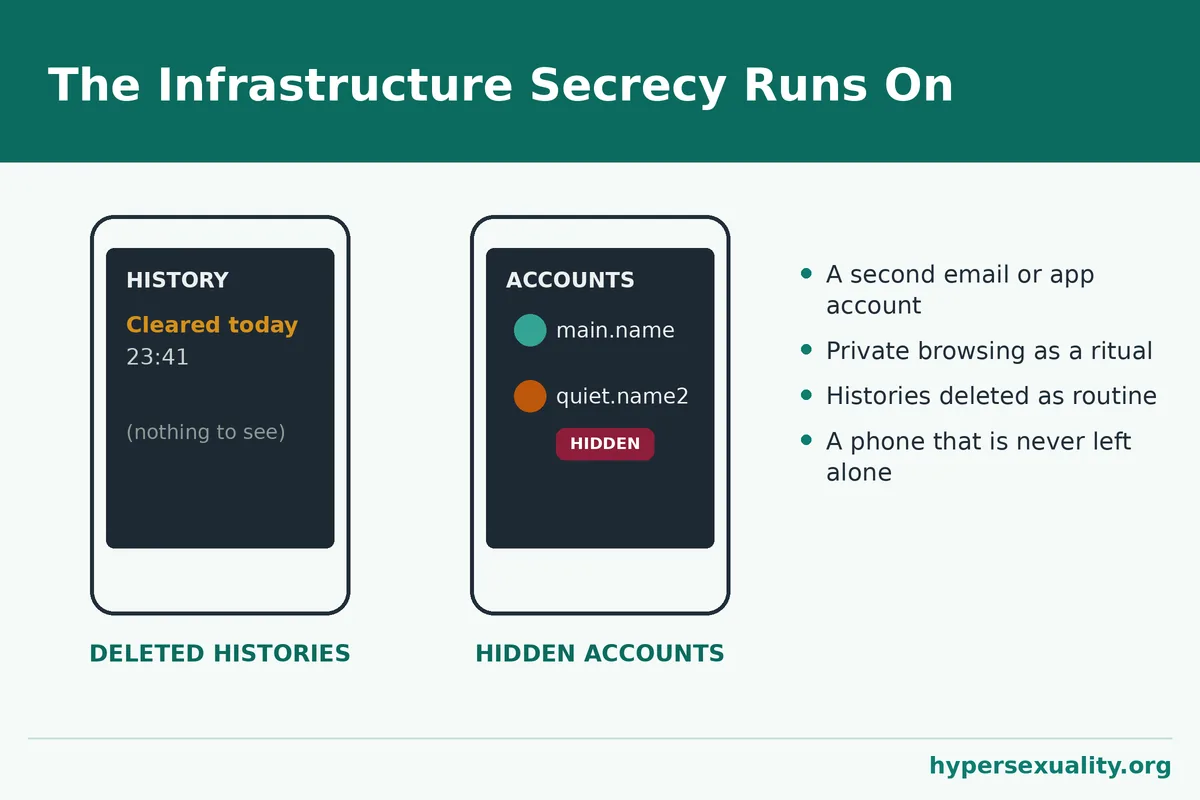 Phone showing a freshly cleared browser history beside a second hidden account, two common parts of the secrecy and lying system