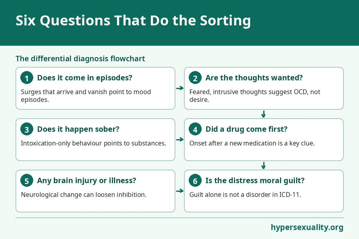 Flowchart of the six questions used in the differential diagnosis of compulsive sexual behavior, from episode timing to moral distress