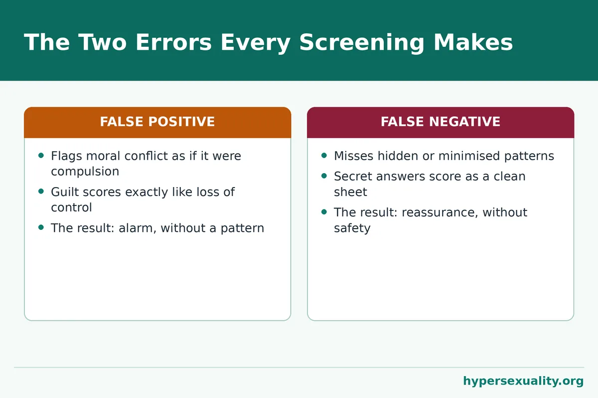 Diagram showing false positive and false negative outcomes of online sex addiction tests, showing why online sex addiction tests are not a diagnosis