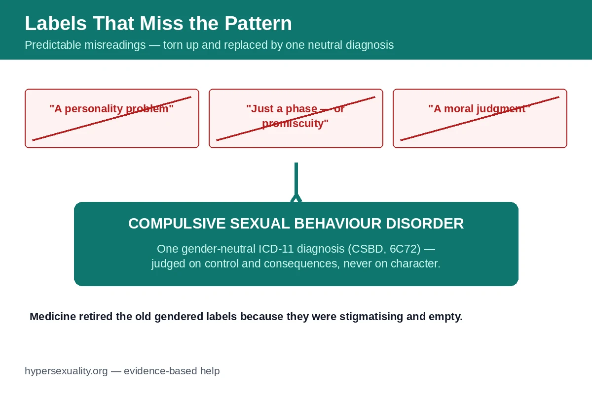 Torn paper labels reading mood episode, personality and moral judgment being replaced by a single neutral card that says compulsive sexual behaviour disorder