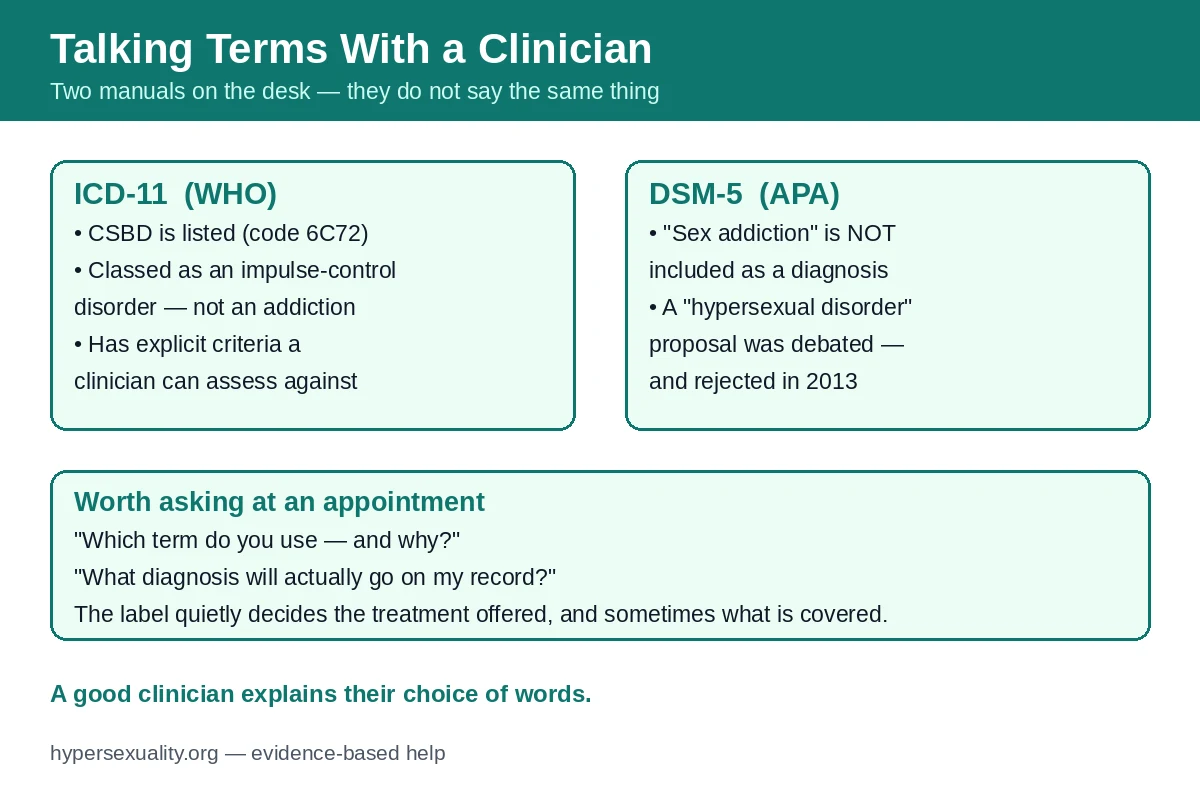 A clinician explaining diagnostic terminology to a client, with ICD-11 and DSM-5 manuals open on the desk between them