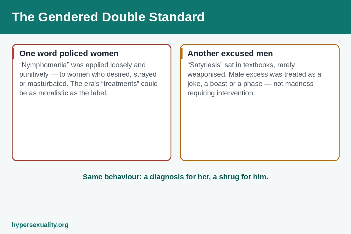 Two old medical labels shown as historical artefacts, illustrating the gendered history of outdated terms for hypersexuality