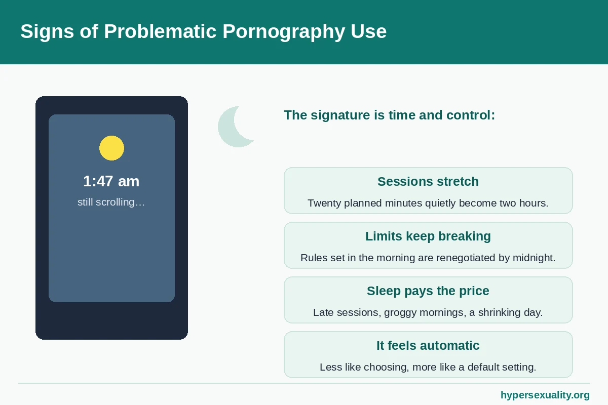 A phone glowing late at night beside a clock, illustrating the time and control signs of problematic pornography use