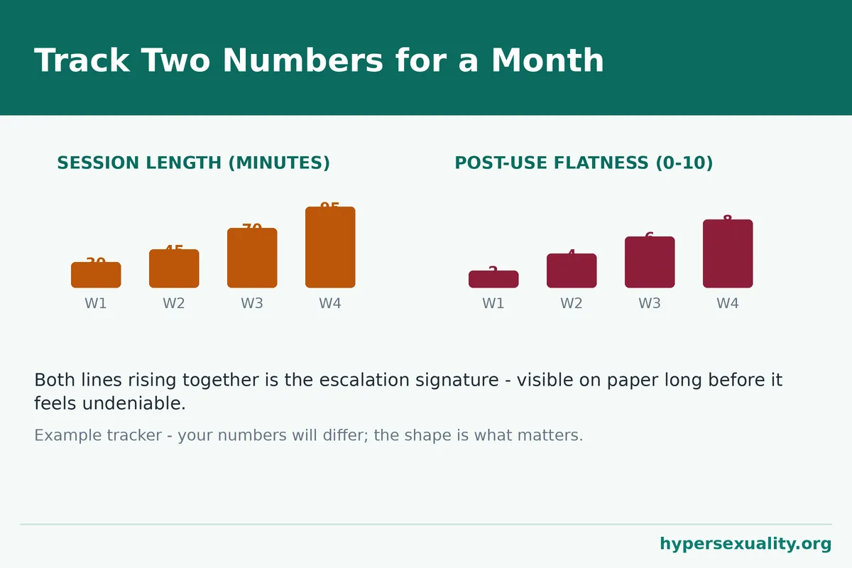Simple tracker comparing session length with post-use flatness across a month, a practical way to verify escalation signs