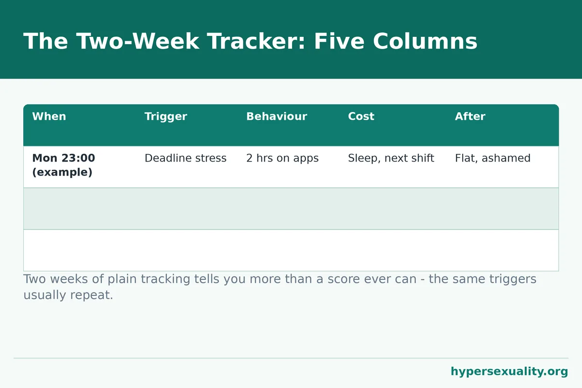 Open journal showing the five-column two-week tracking template recommended after a hypersexuality self test: when, trigger, behaviour, cost, after