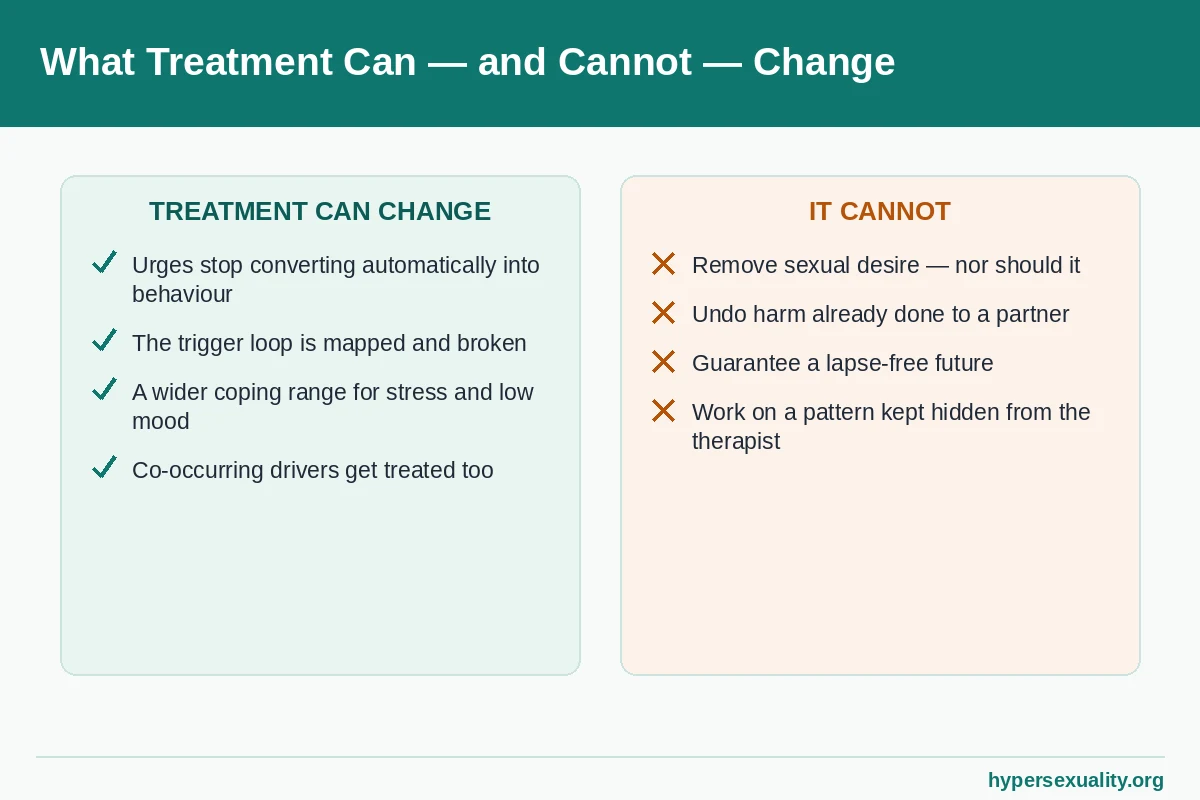 Two-column chart of what hypersexuality treatment can change and what it cannot, including urges, habits and underlying conditions
